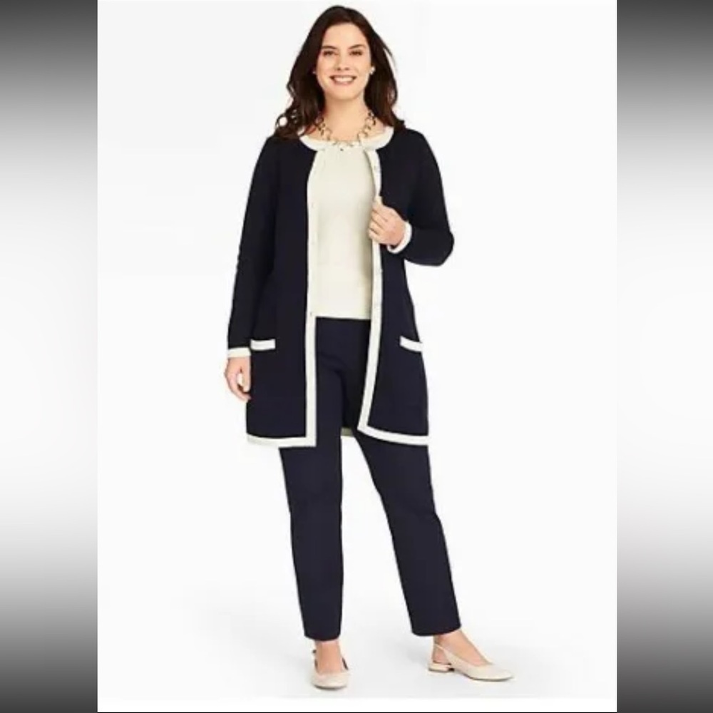 Talbots Navy & Cream Long Cardigan with Enamel Buttons and Front Pockets